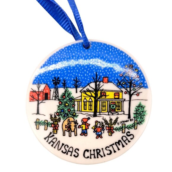 Vintage Kansas Christmas Porcelain Ornament Kathryn Cramer Farm 3 Inches 1987 - Picture 2 of 5